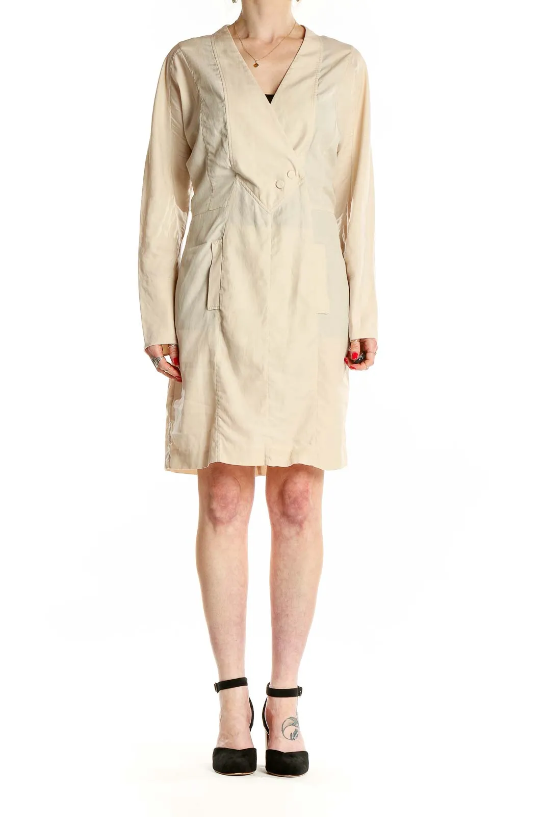 Beige Cotton-Rayon Wrap Dress