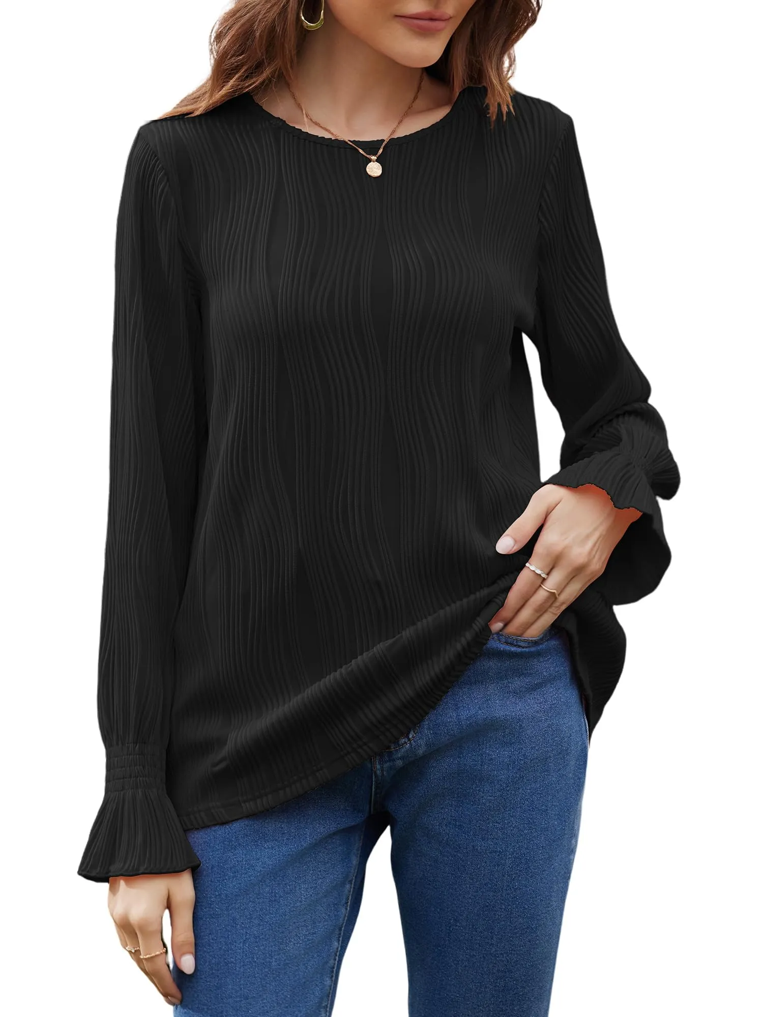 Bellcoco 2024 Trendy Wave Pattern Ruffle Bubble Sleeve Tops - Womens Loose Fit Cute Lantern Long Sleeve Blouse Crewneck Shirts, Perfect for Festivals and Business Casual Outfits Black