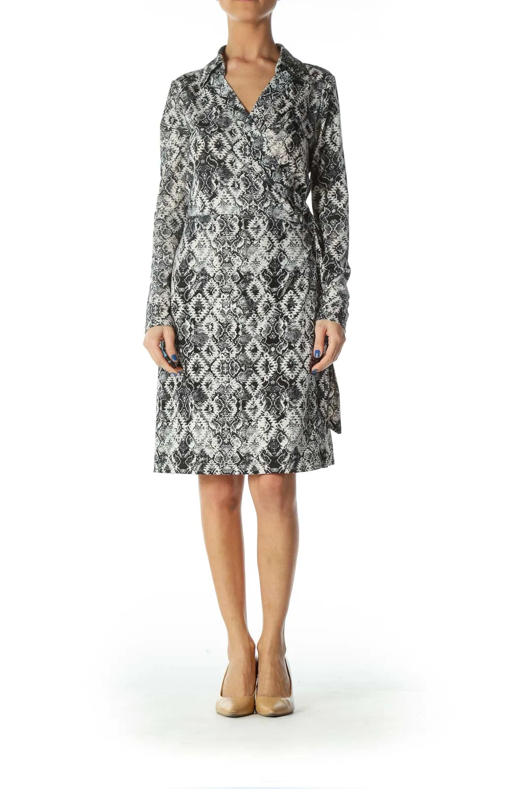 Black and White Snake Skin Print Wrap Dress