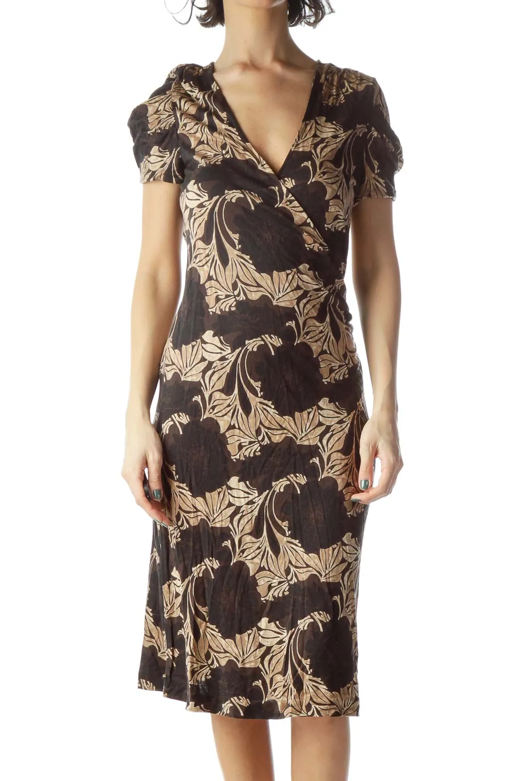 Black Brown Floral Print Wrap Dress