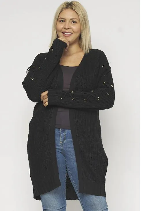 Black Lace Up Sleeve Plus Size Cardigan