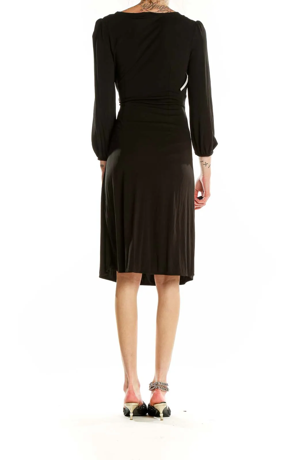 Black Wrap Midi Dress with Long Sleeves