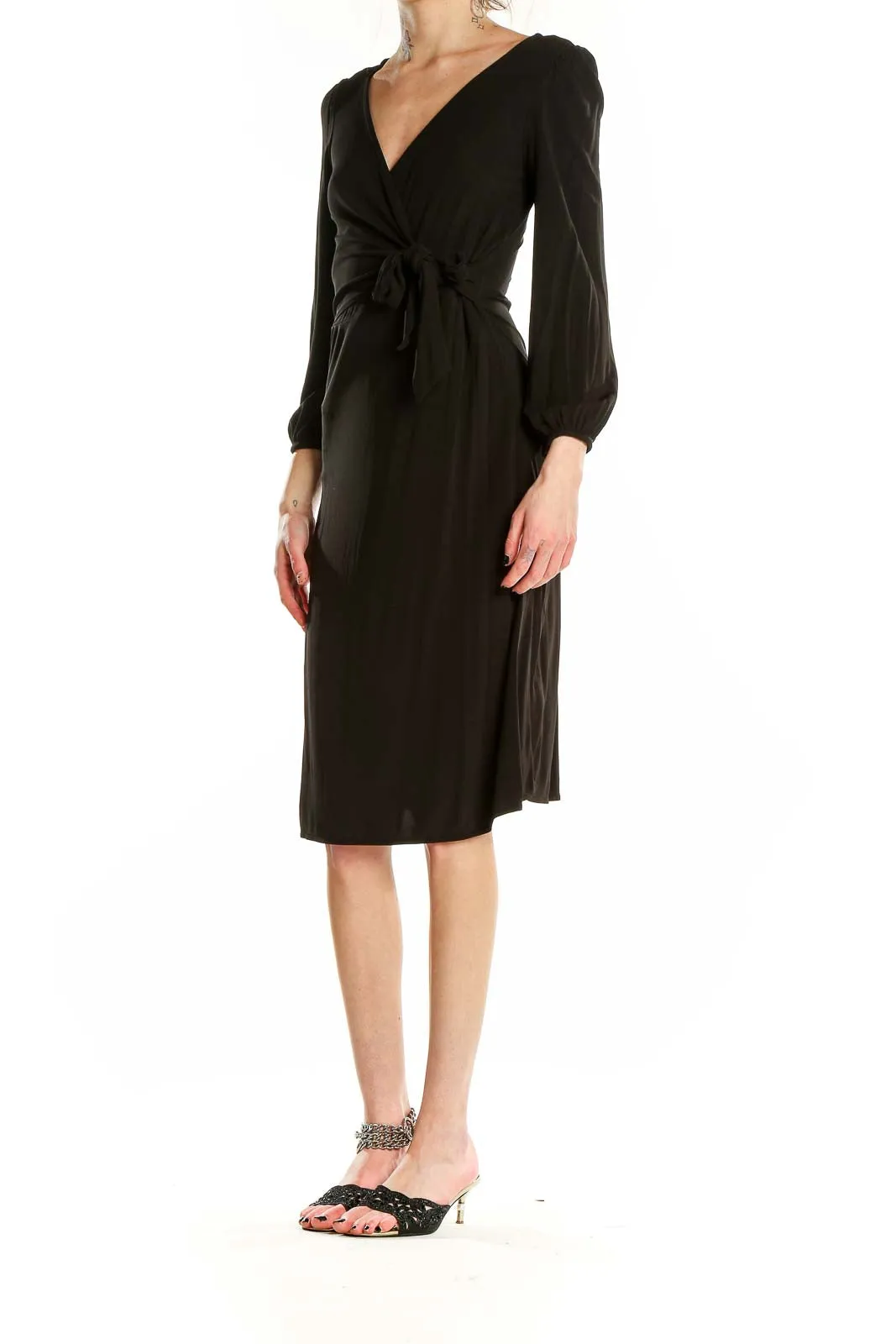 Black Wrap Midi Dress with Long Sleeves