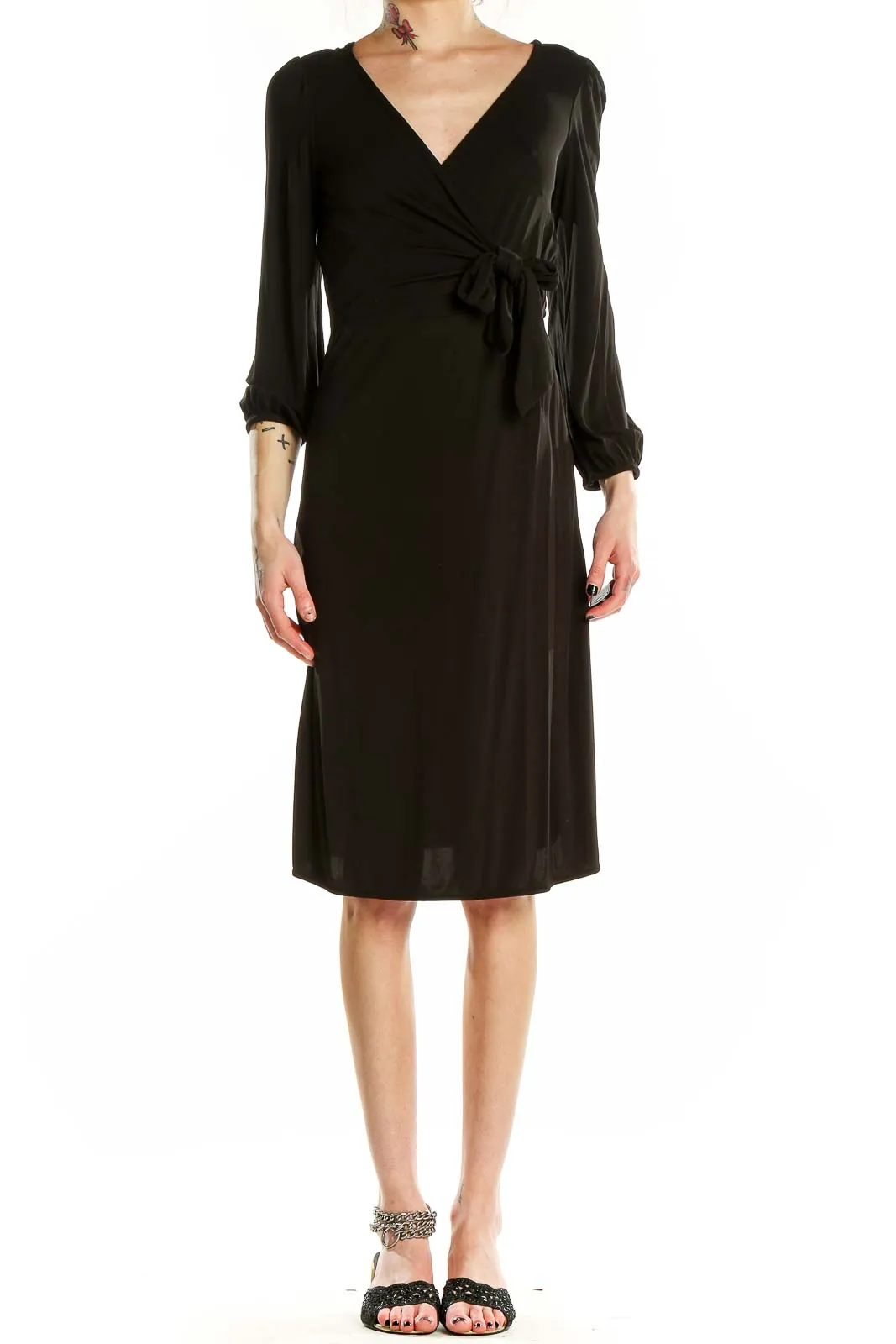 Black Wrap Midi Dress with Long Sleeves