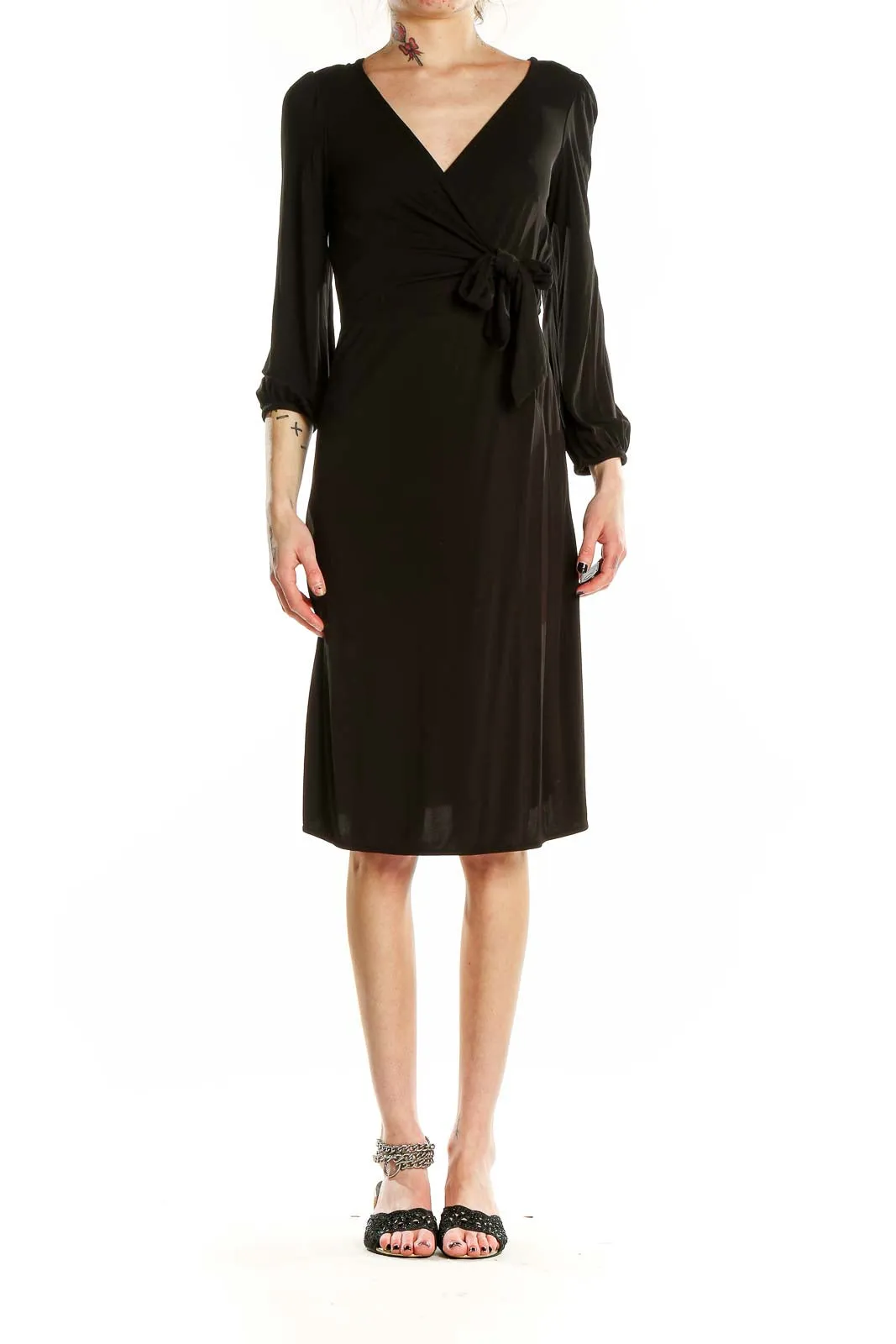 Black Wrap Midi Dress with Long Sleeves