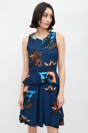 Blue Floral Print Peplum Dress