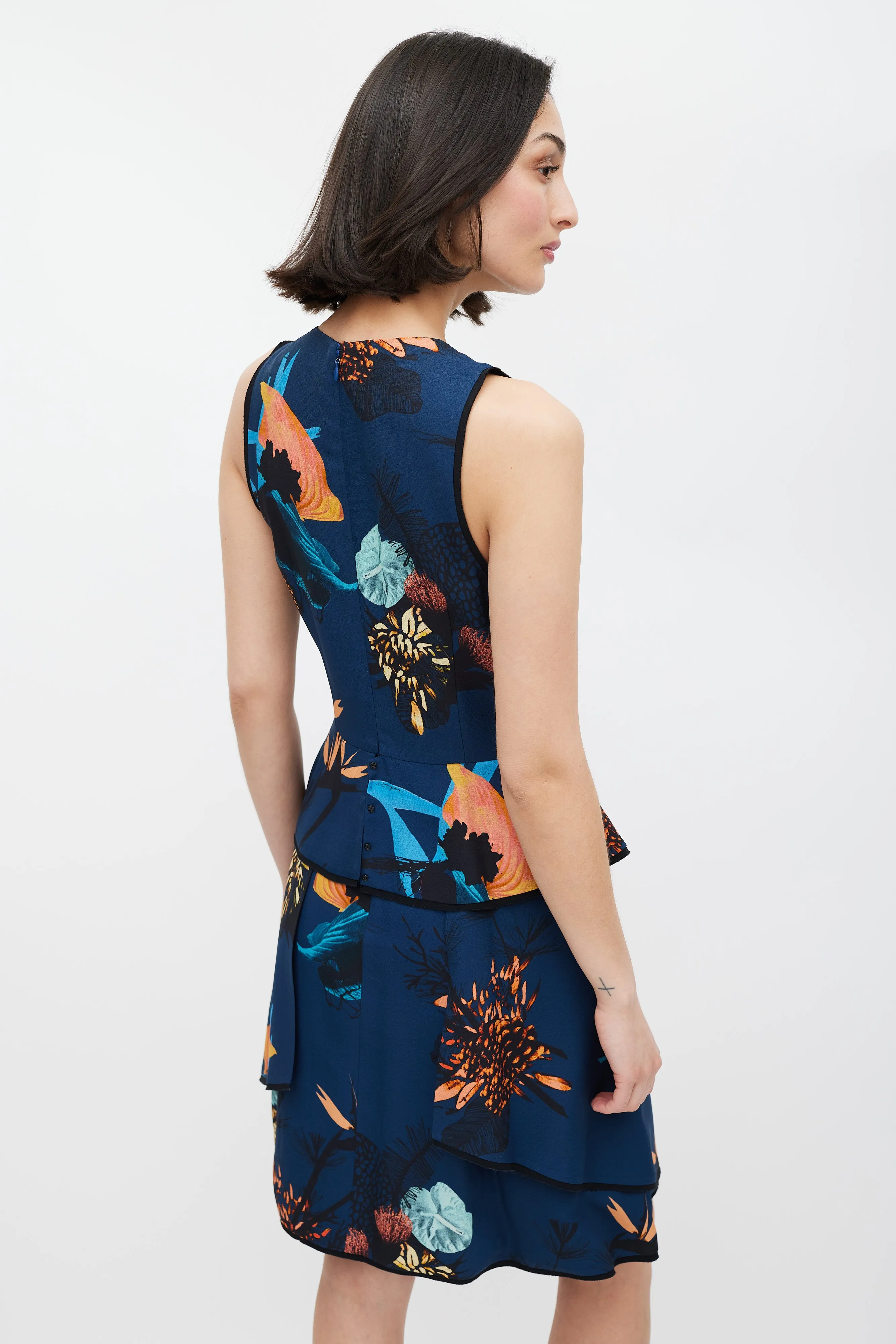 Blue Floral Print Peplum Dress