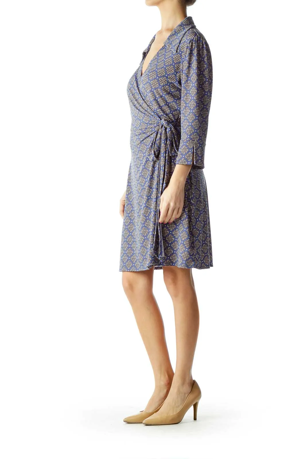 Blue White Geometric Print Wrap Dress