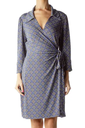 Blue White Geometric Print Wrap Dress