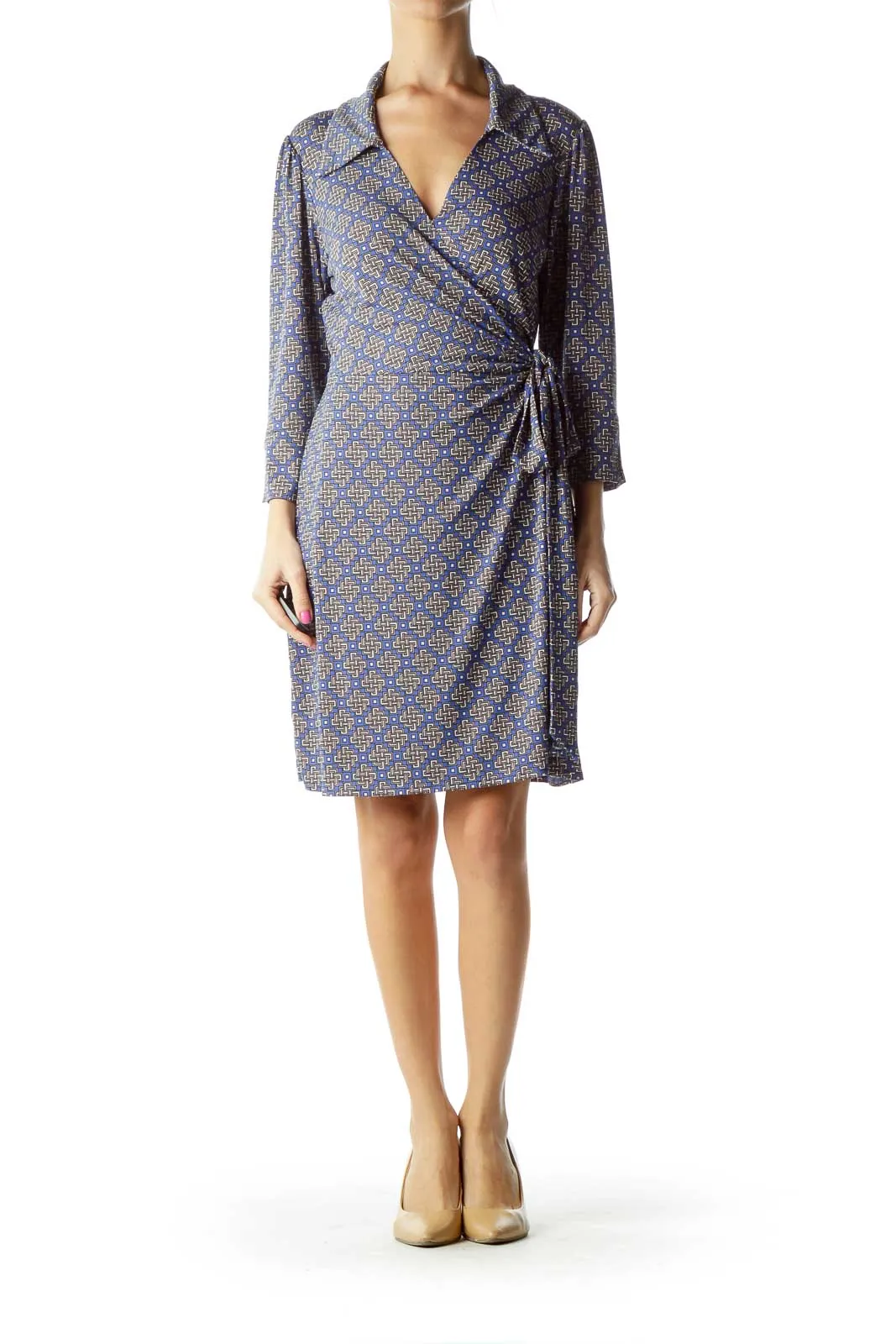 Blue White Geometric Print Wrap Dress