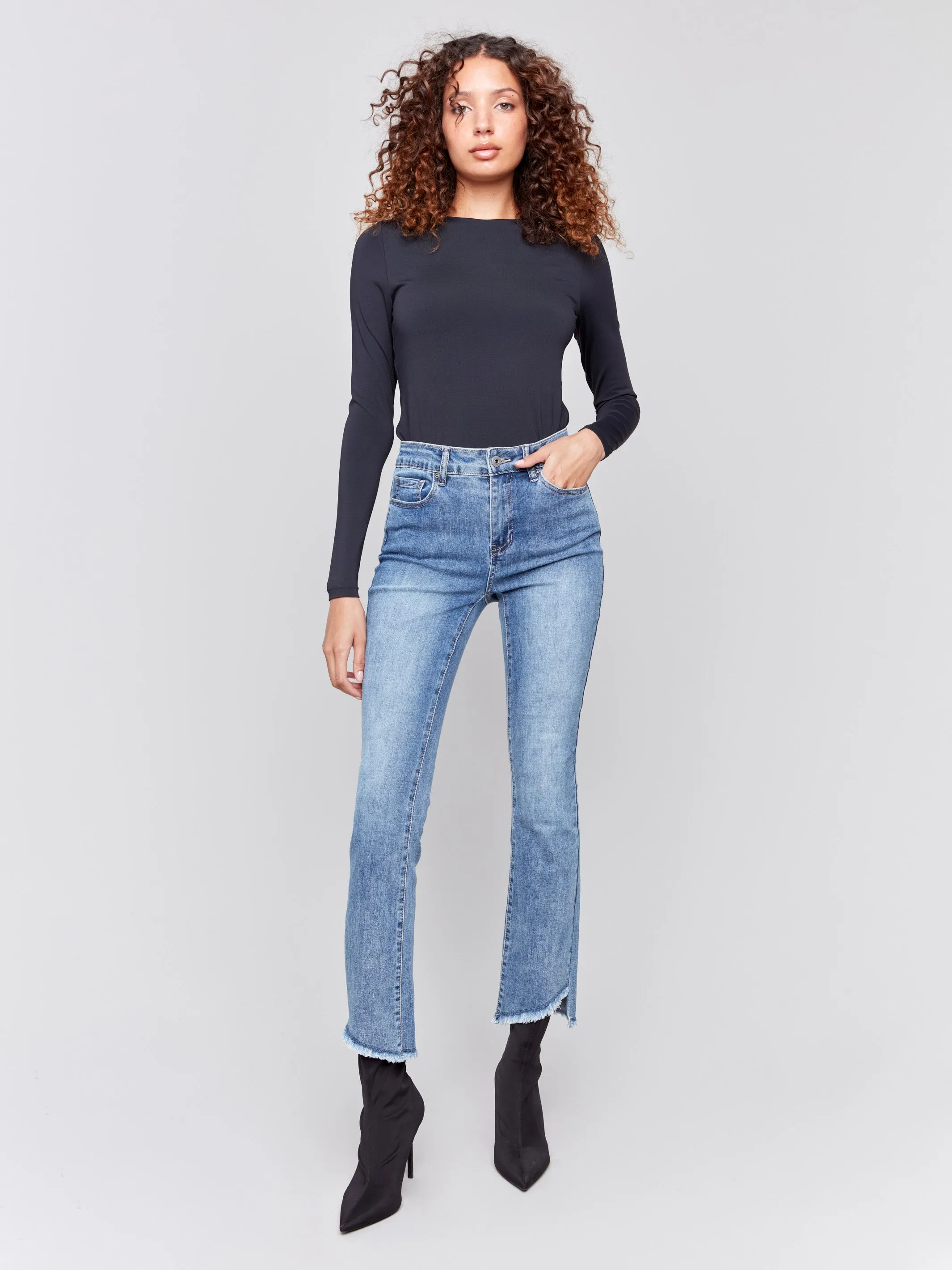 Bootcut Jeans with Asymmetrical Hem - Medium Blue