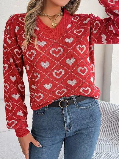 Charming Heart Print V-Neck Knit Sweater