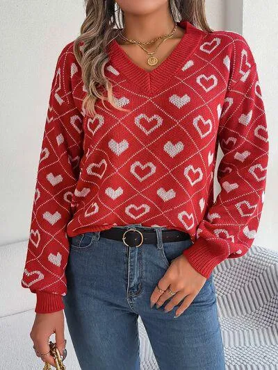 Charming Heart Print V-Neck Knit Sweater