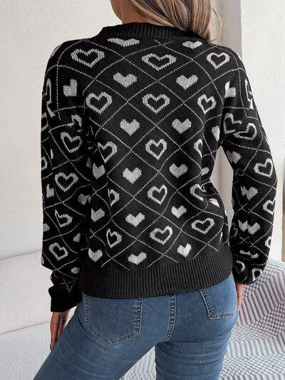 Charming Heart Print V-Neck Knit Sweater