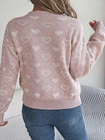 Charming Heart Print V-Neck Knit Sweater