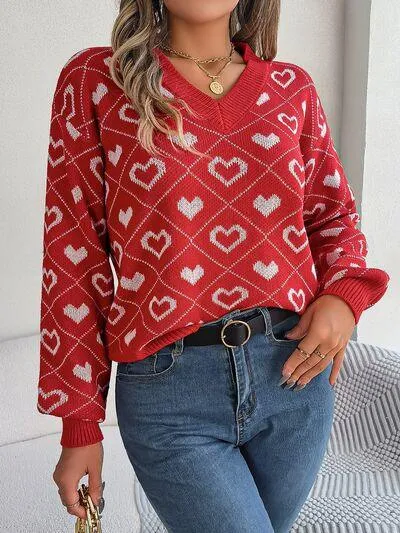 Charming Heart Print V-Neck Knit Sweater