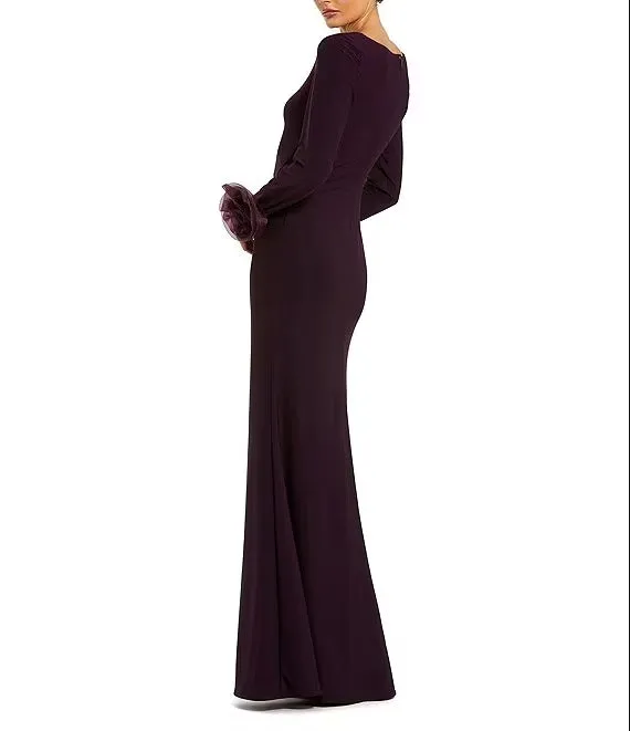 Column Sheath Round Neck 3D Floral Sleeves Jersey Gown Evening Dresses