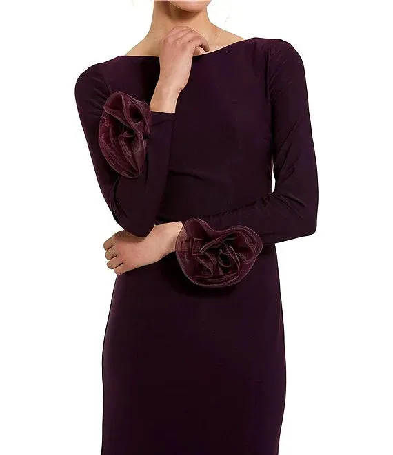 Column Sheath Round Neck 3D Floral Sleeves Jersey Gown Evening Dresses