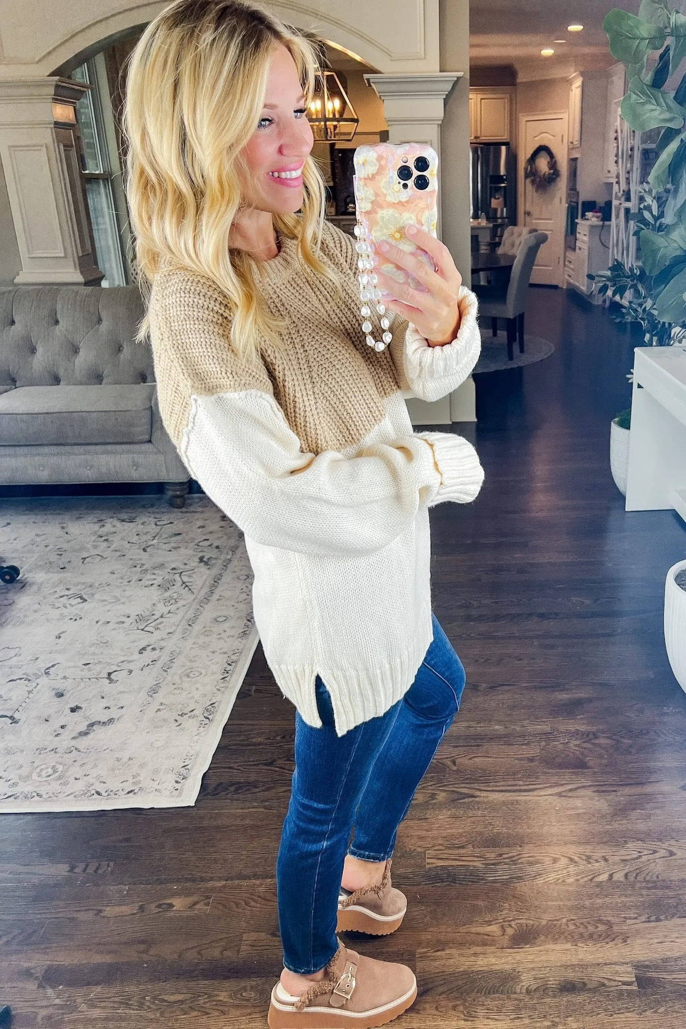 Cuffed Two Toned Neutral Colored Knit Sweater