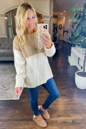 Cuffed Two Toned Neutral Colored Knit Sweater