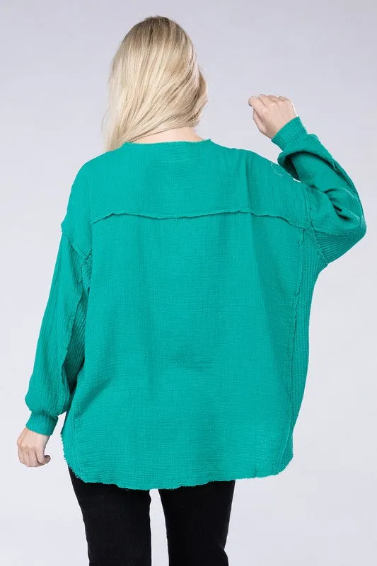 Double Gauze Oversized 3/4 Button Henley Neck Top