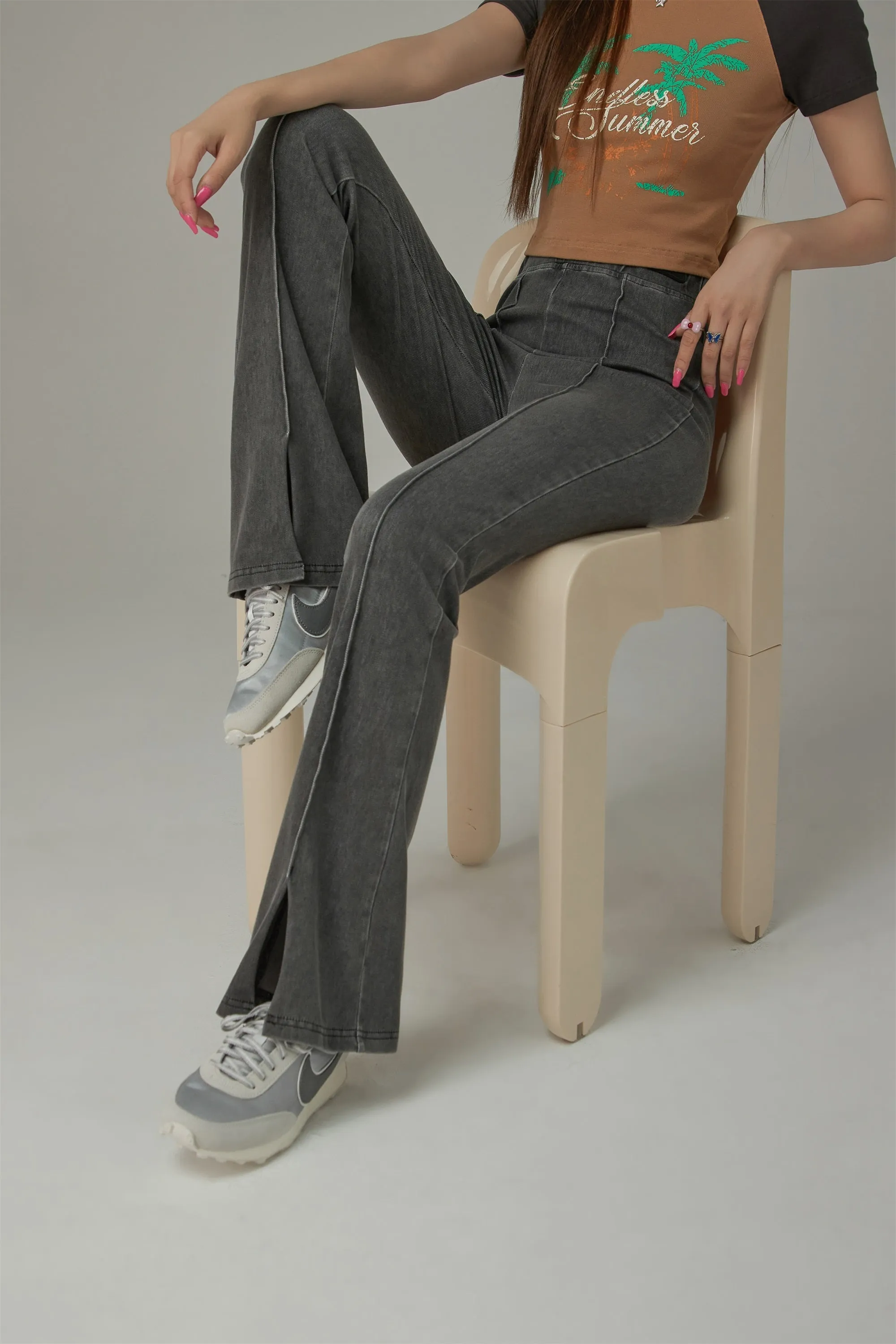 Elastic Waist Slit Semi Bootcut Pants