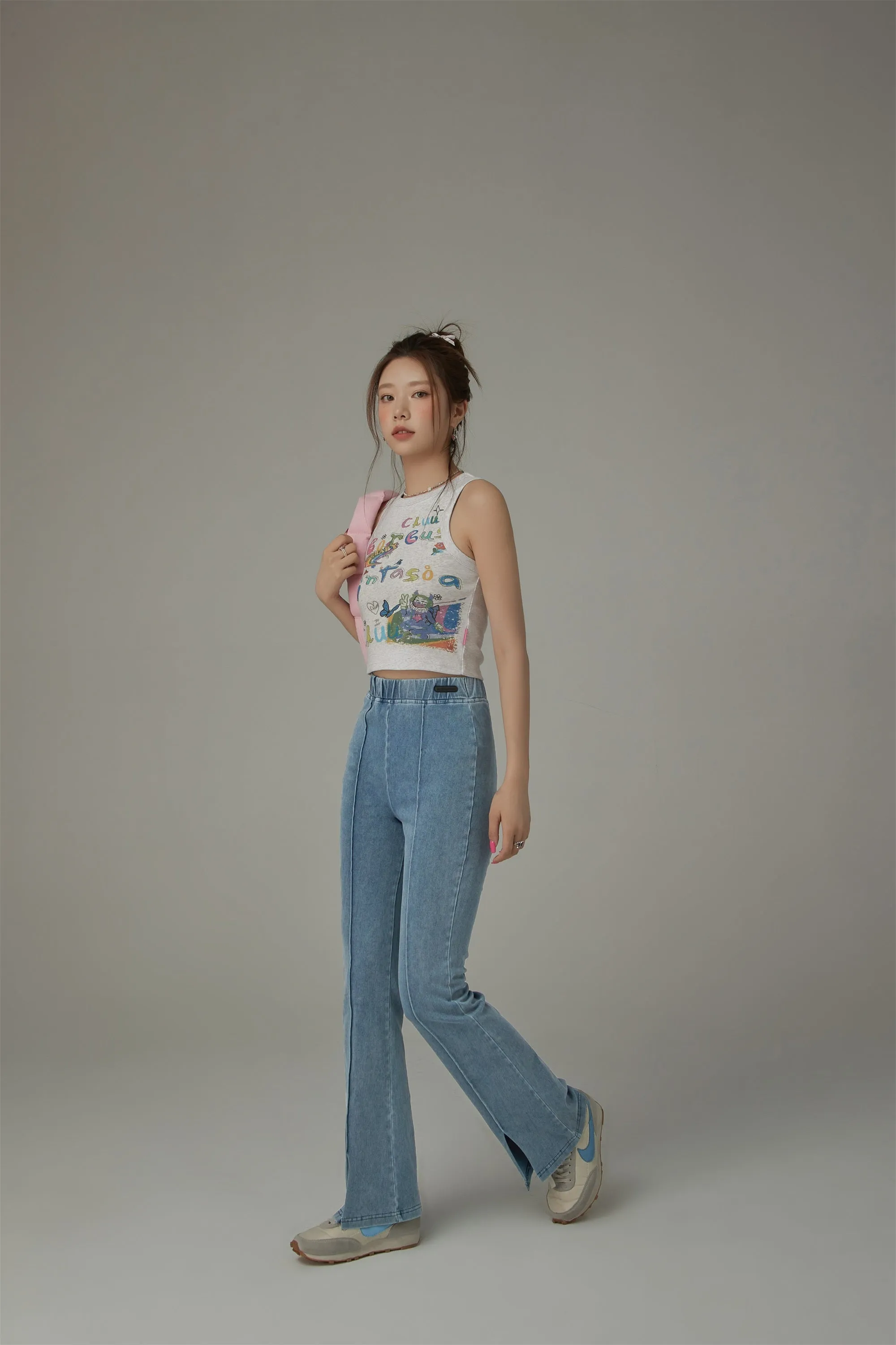 Elastic Waist Slit Semi Bootcut Pants