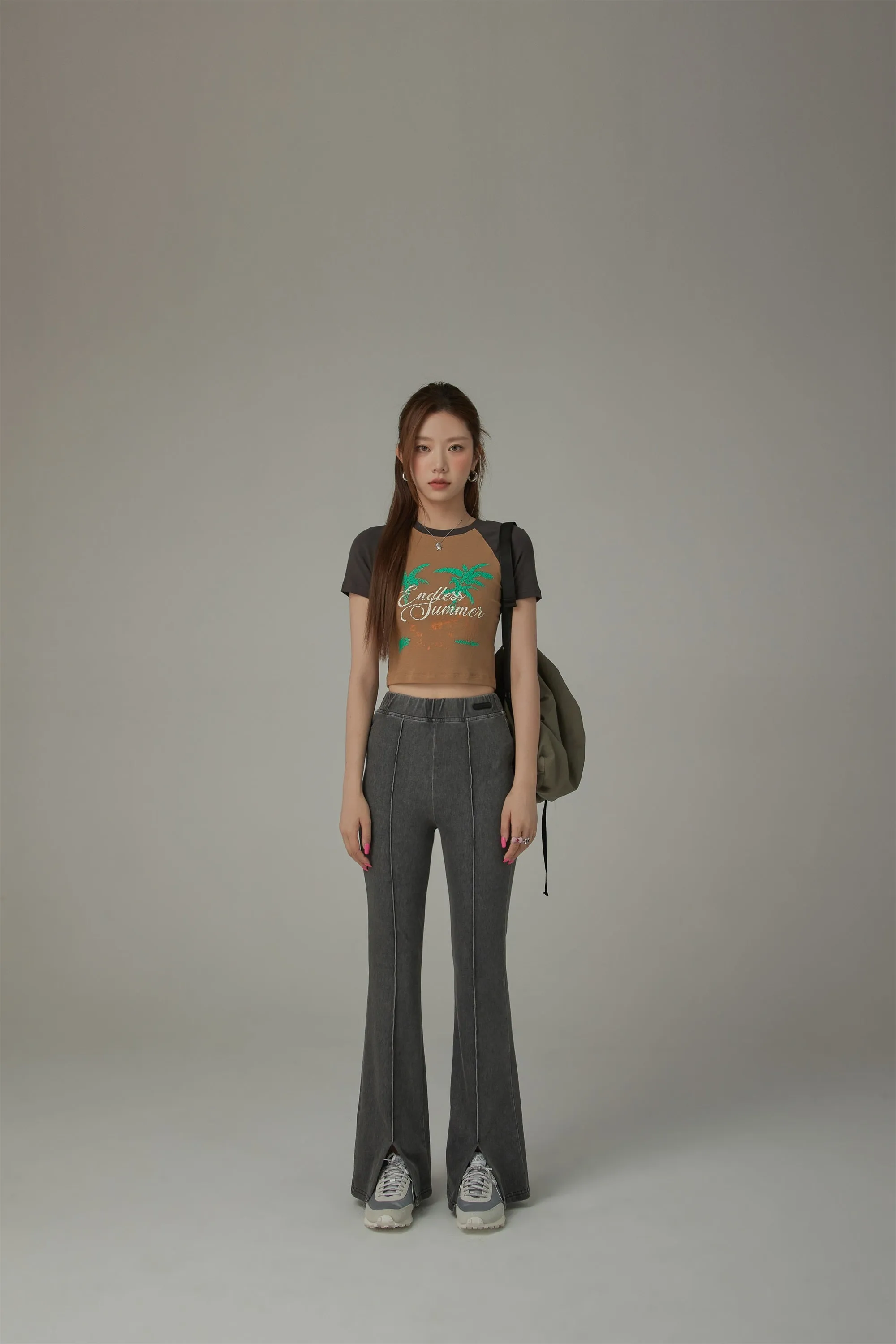 Elastic Waist Slit Semi Bootcut Pants