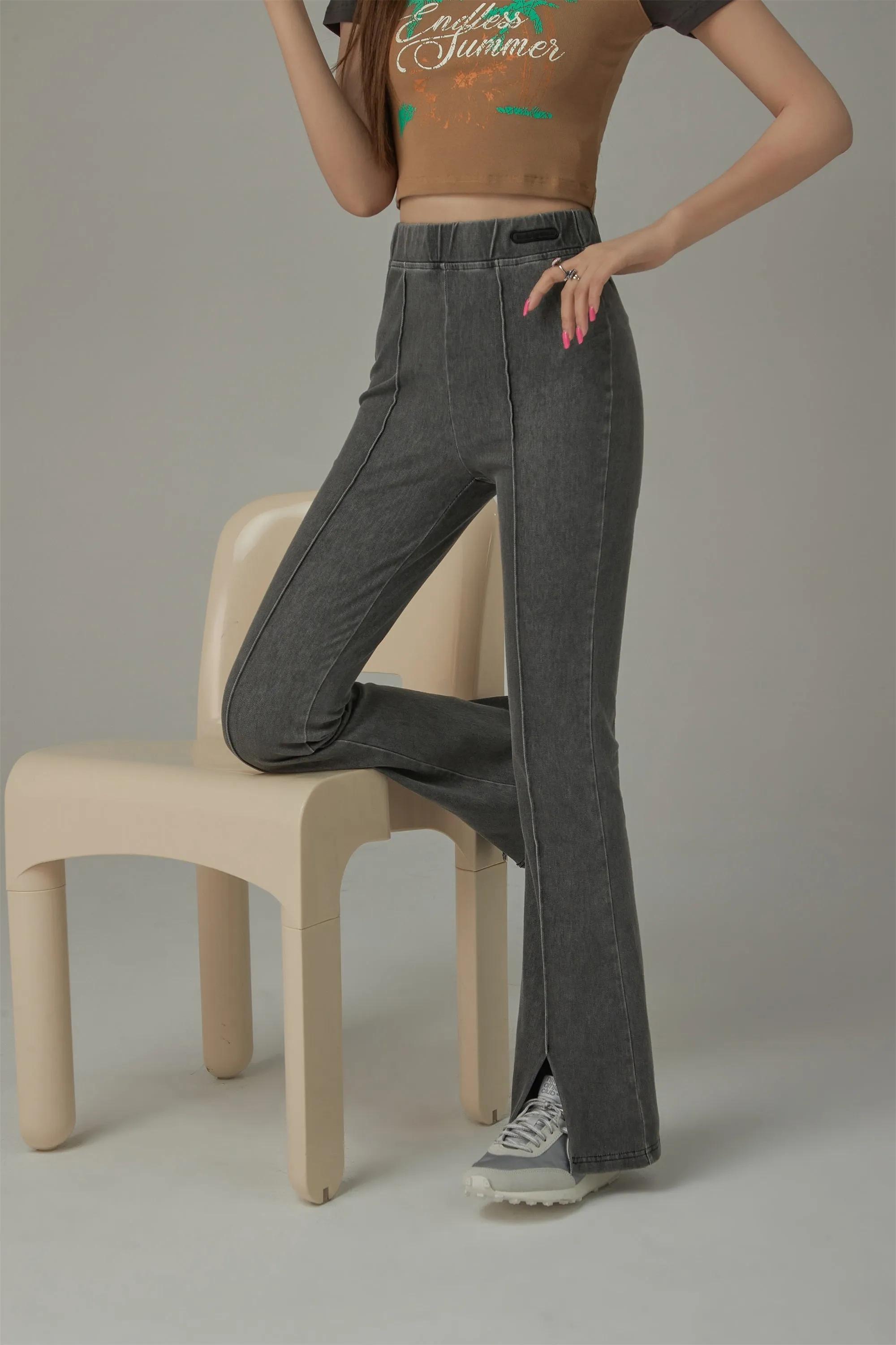 Elastic Waist Slit Semi Bootcut Pants