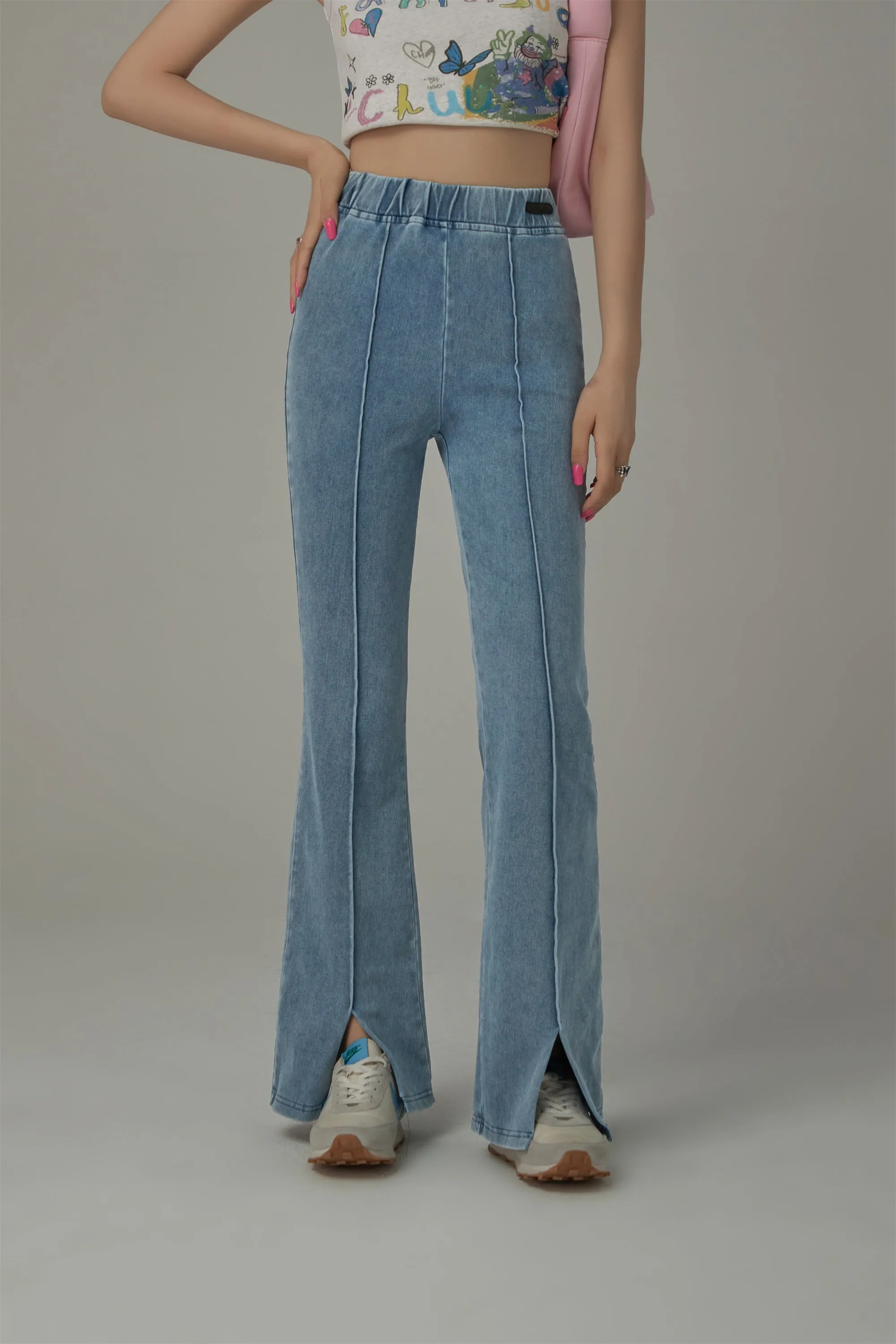 Elastic Waist Slit Semi Bootcut Pants