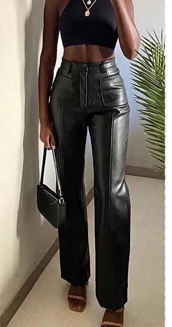 Faux Leather High Waist Trousers in Black