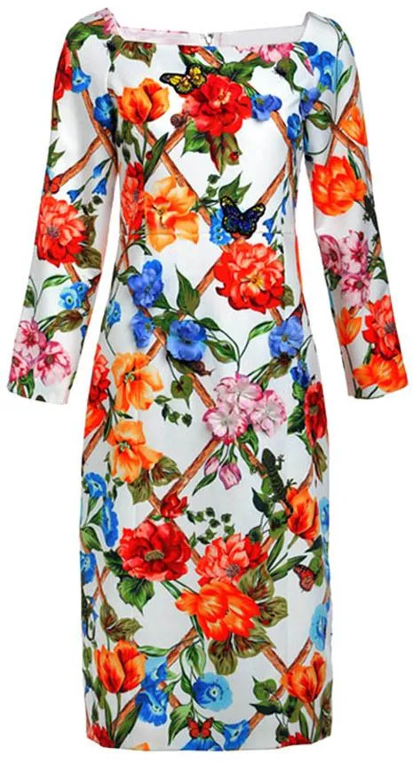 Floral Appliques Printed Knee-Length Sheath Dress