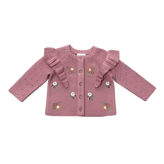 Floral Embroidered Ruffle Chunky Knit Baby Cardigan: Vintage Rose