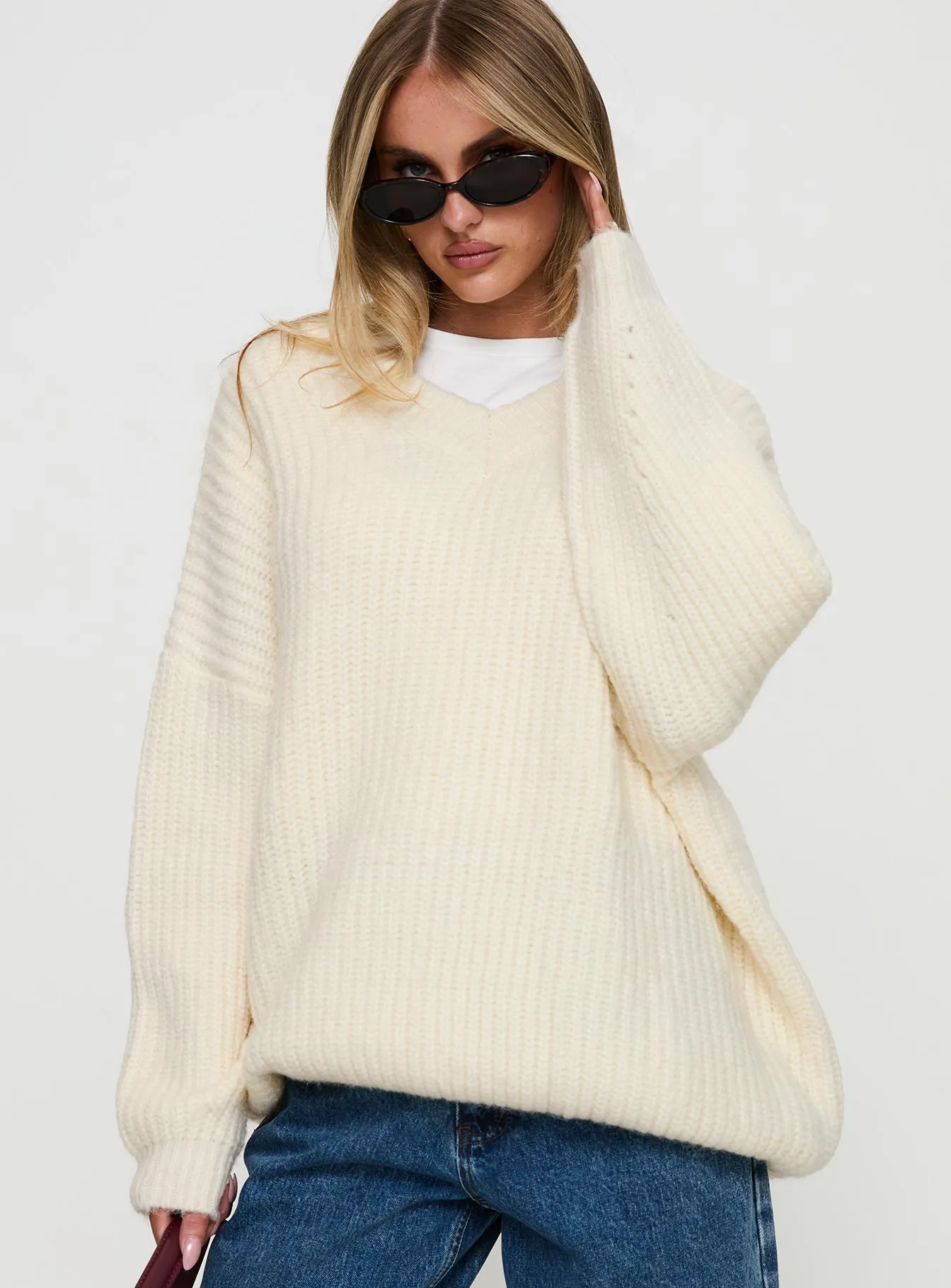 Have It All V Neck Knit Sweater Cream