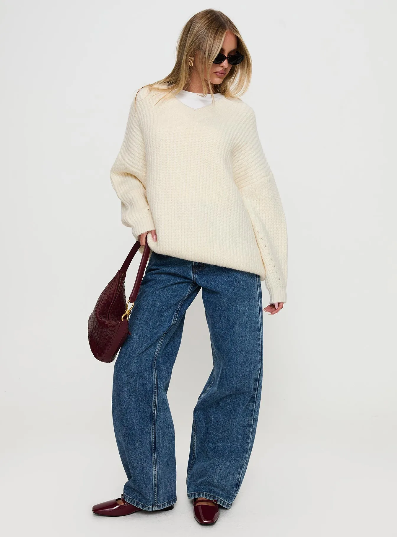 Have It All V Neck Knit Sweater Cream