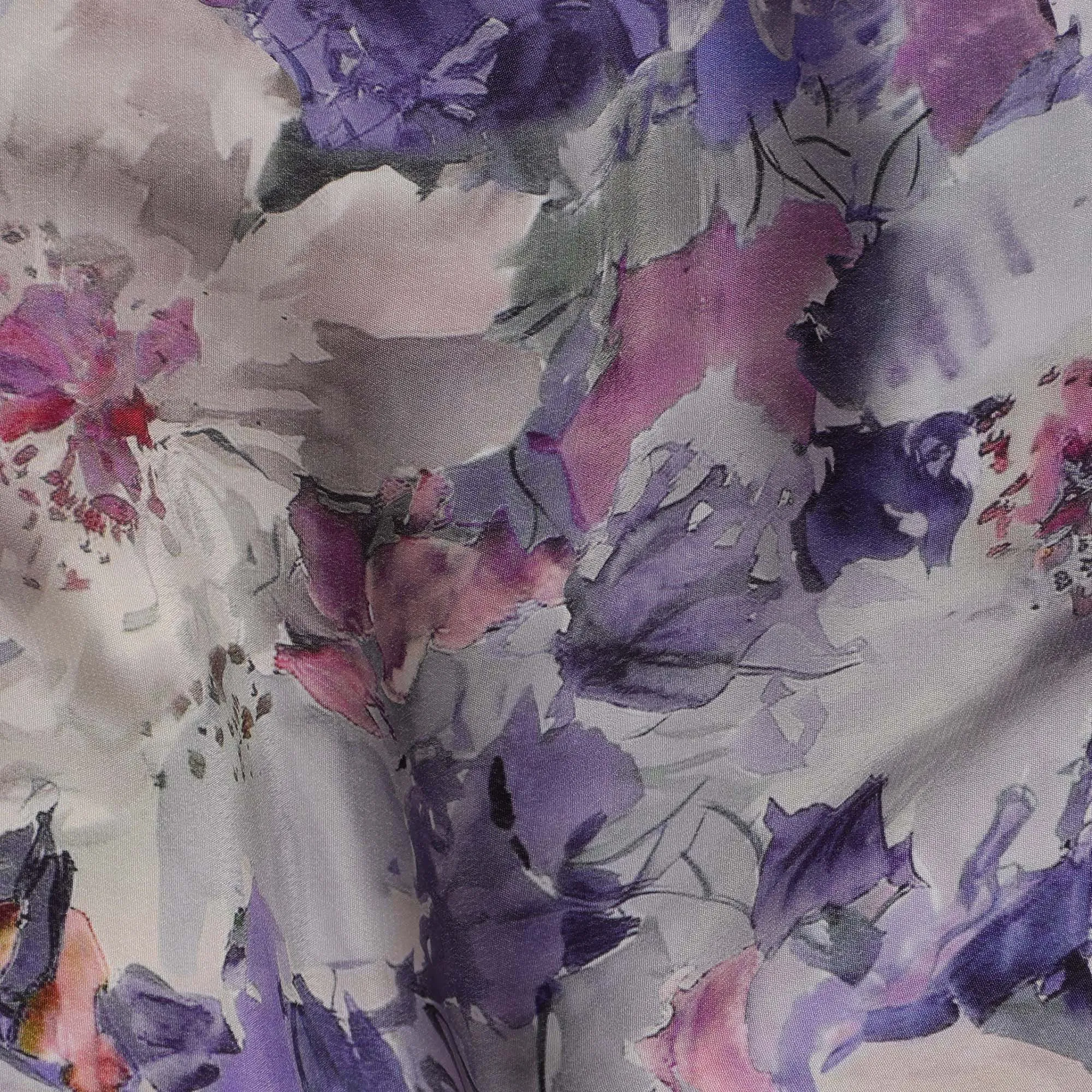 Lavender Purple Viscose Digital Printed Fabric with Watercolor Floral Design, 110 cm Width-D21296