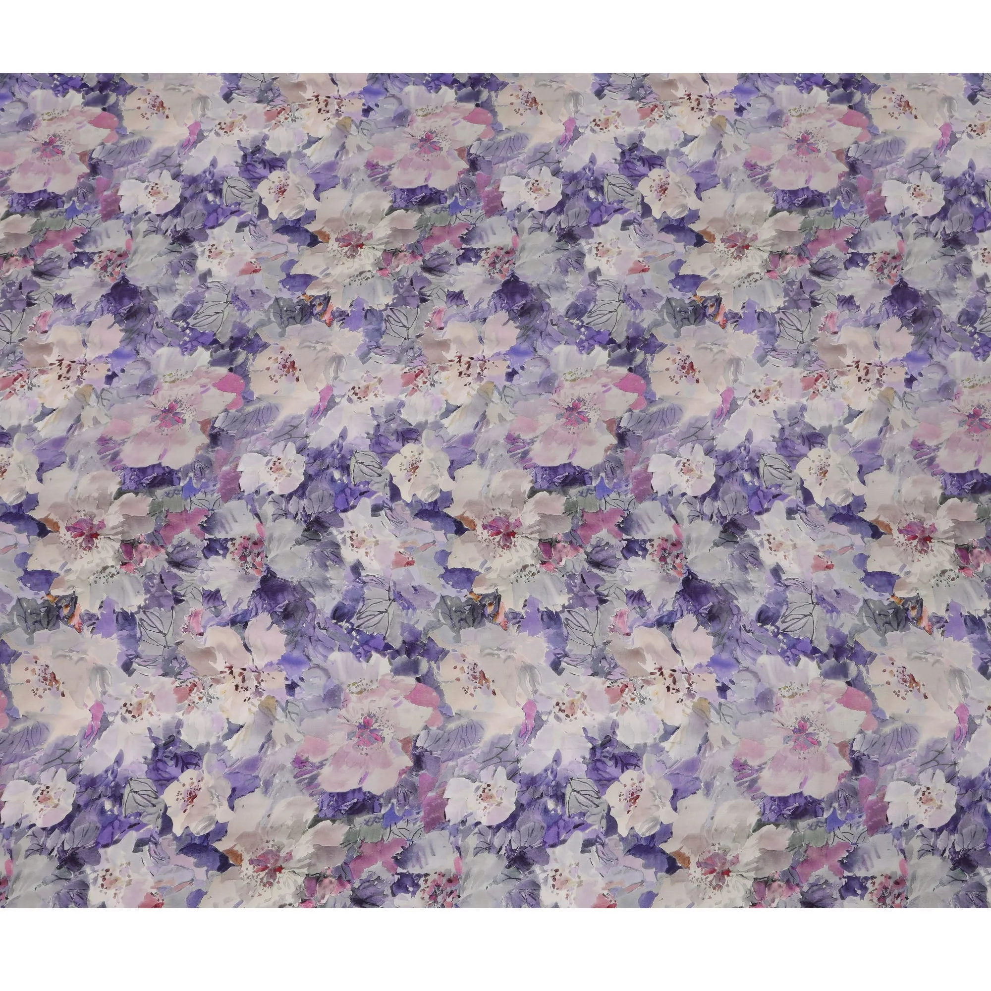 Lavender Purple Viscose Digital Printed Fabric with Watercolor Floral Design, 110 cm Width-D21296