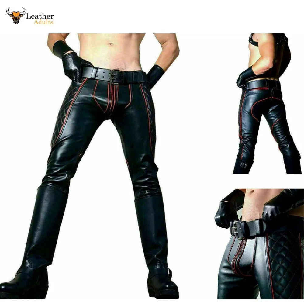 Leather Mens Trousers Black Red Piping Pants Biker BLUF Breeches Gay Trousers Cuir