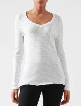 Long Sleeve V Neck Slub, White