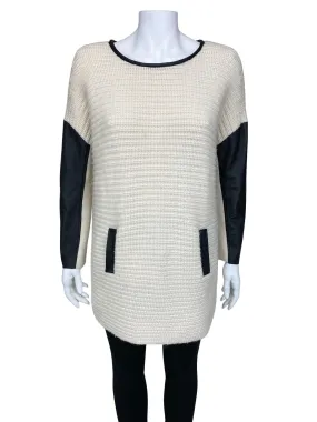 Maje, Women's Leather Trim Tunic Sweater, Ivory/Black, M/L