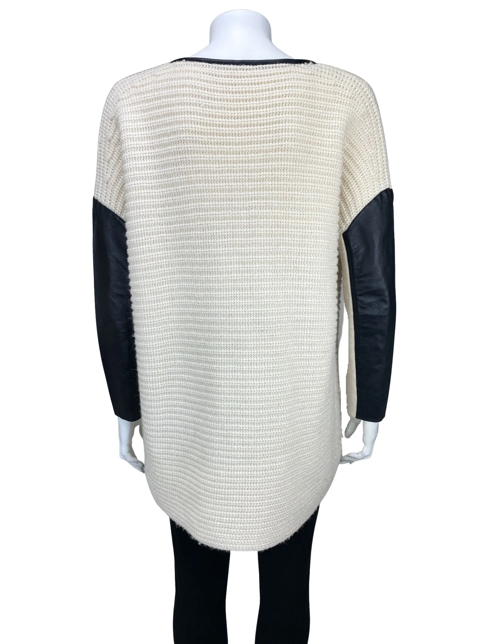 Maje, Women's Leather Trim Tunic Sweater, Ivory/Black, M/L