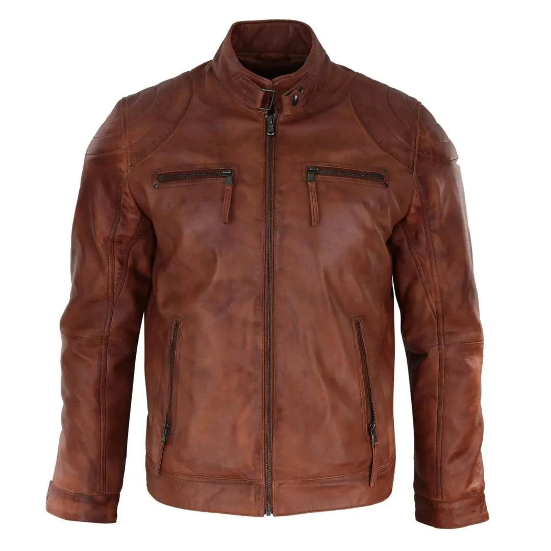 Mens Biker Zip Jacket Real Leather Casual Light Short Classic Retro Motorcycle