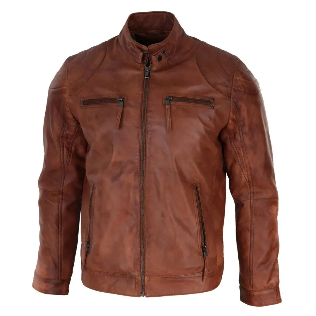 Mens Biker Zip Jacket Real Leather Casual Light Short Classic Retro Motorcycle