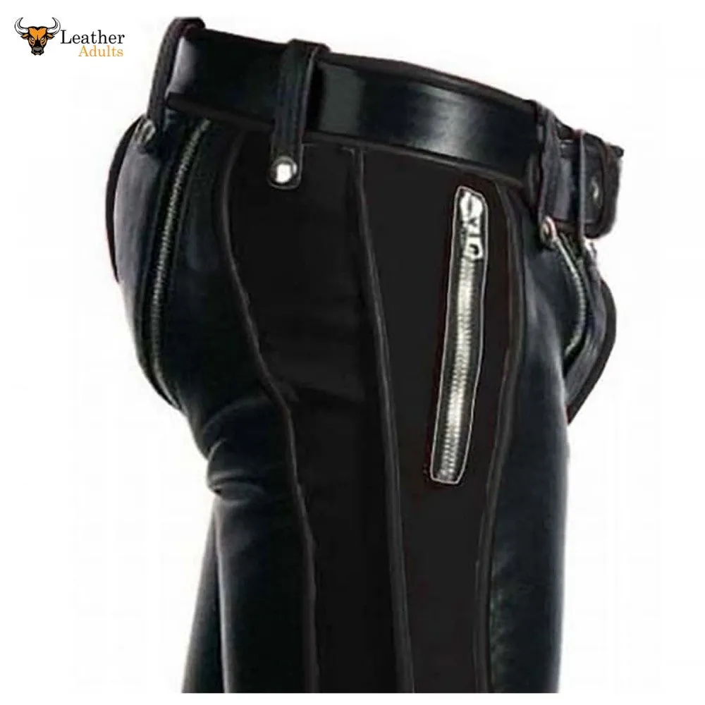 Mens Black Cowhide Leather Bondage Jeans BLUF Breeches Trousers Pants Bikers Jeans