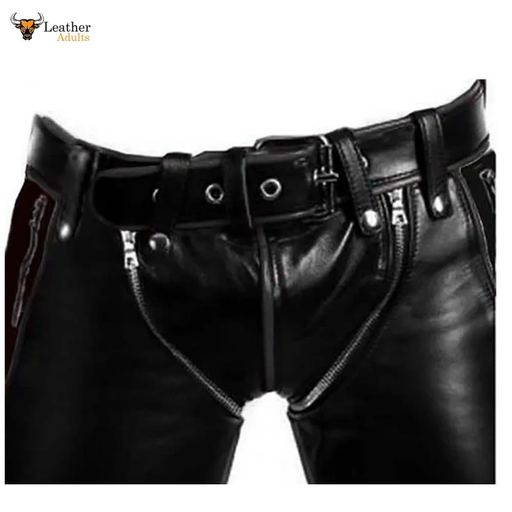 Mens Black Cowhide Leather Bondage Jeans BLUF Breeches Trousers Pants Bikers Jeans