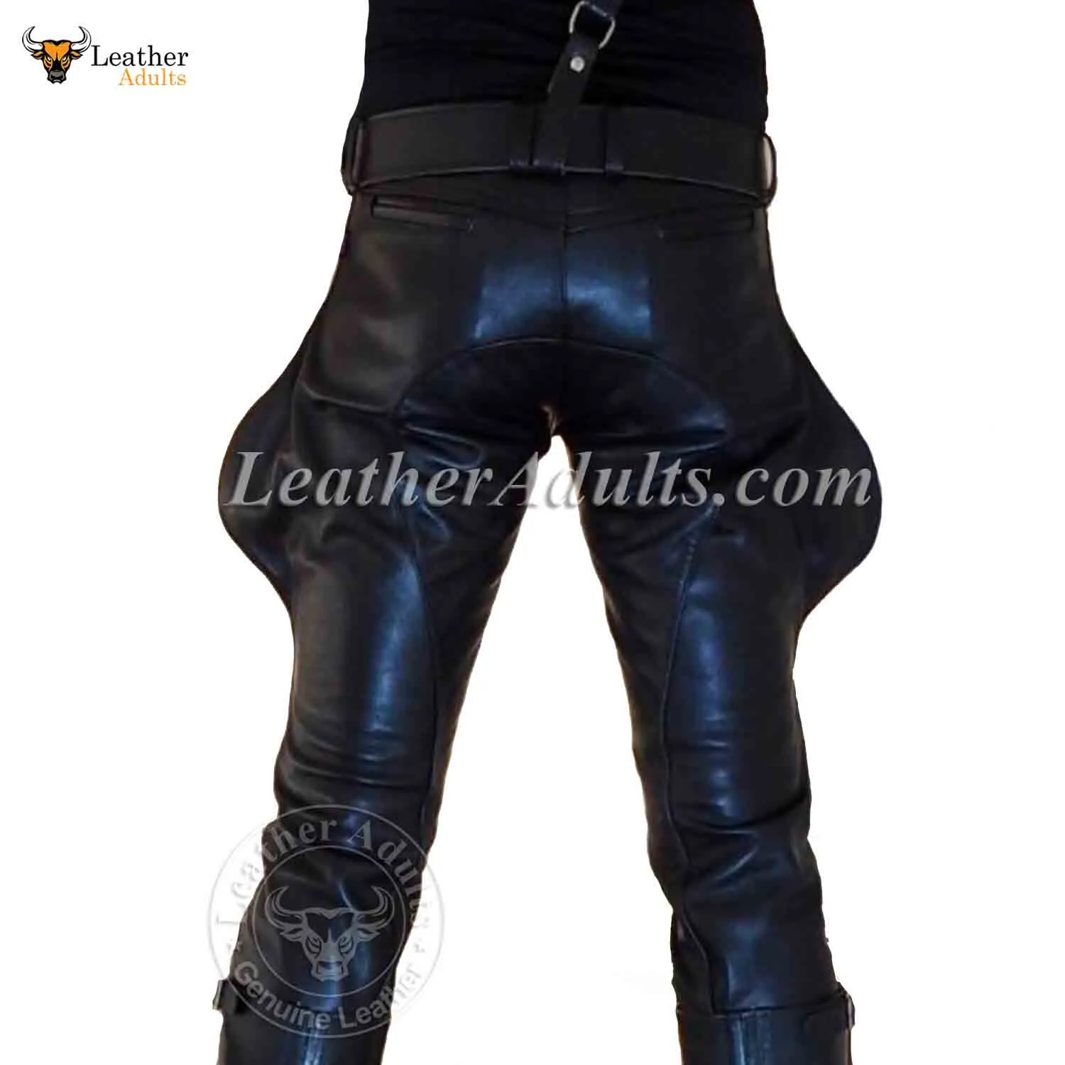 Mens Black Cowhide Leather Saddleback Bootcut Rear Blind Pockets Breeches BLUF Pants Trousers