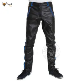 Mens Cowhide Leather Pants Cropped Biker Pants Blue Stripe Leather Pants Clubwear Chino Trousers