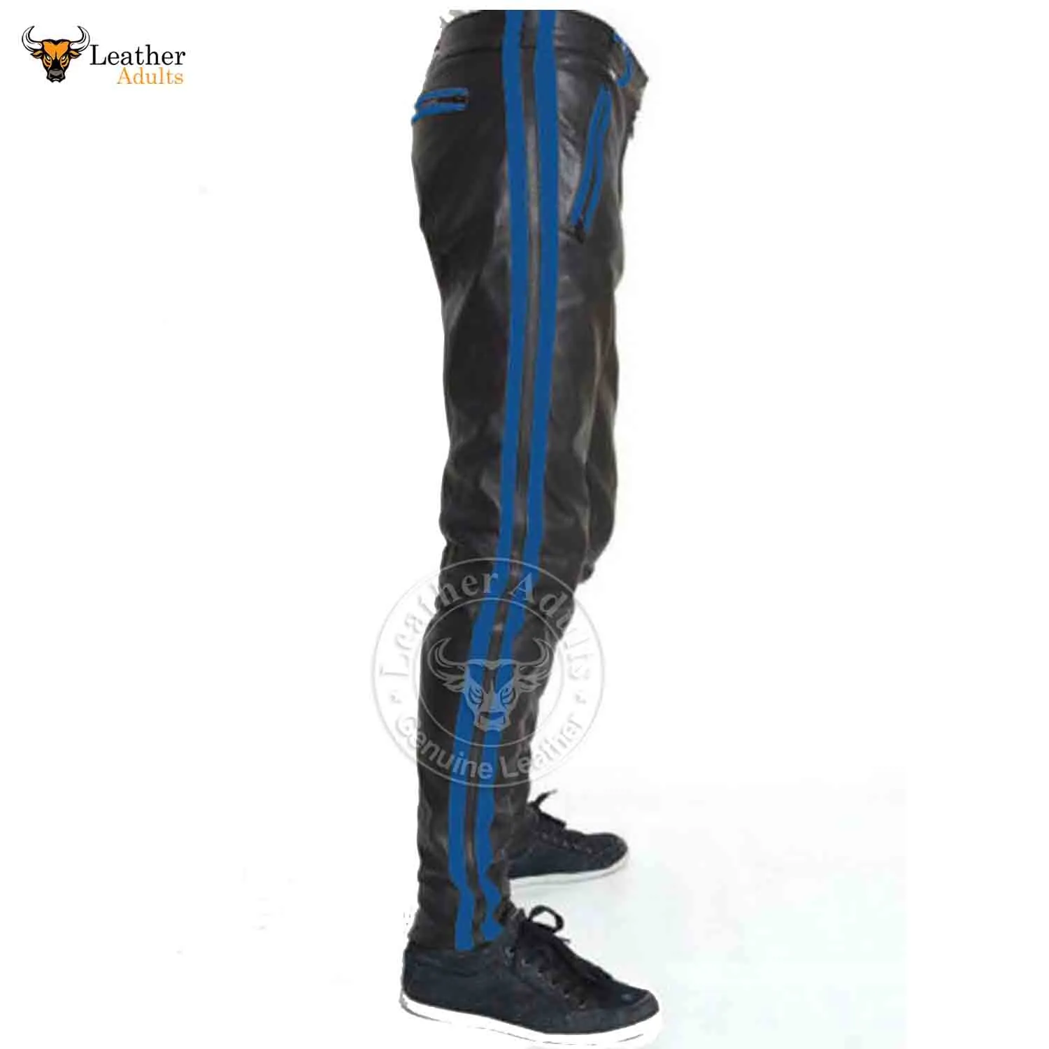 Mens Cowhide Leather Pants Cropped Biker Pants Blue Stripe Leather Pants Clubwear Chino Trousers