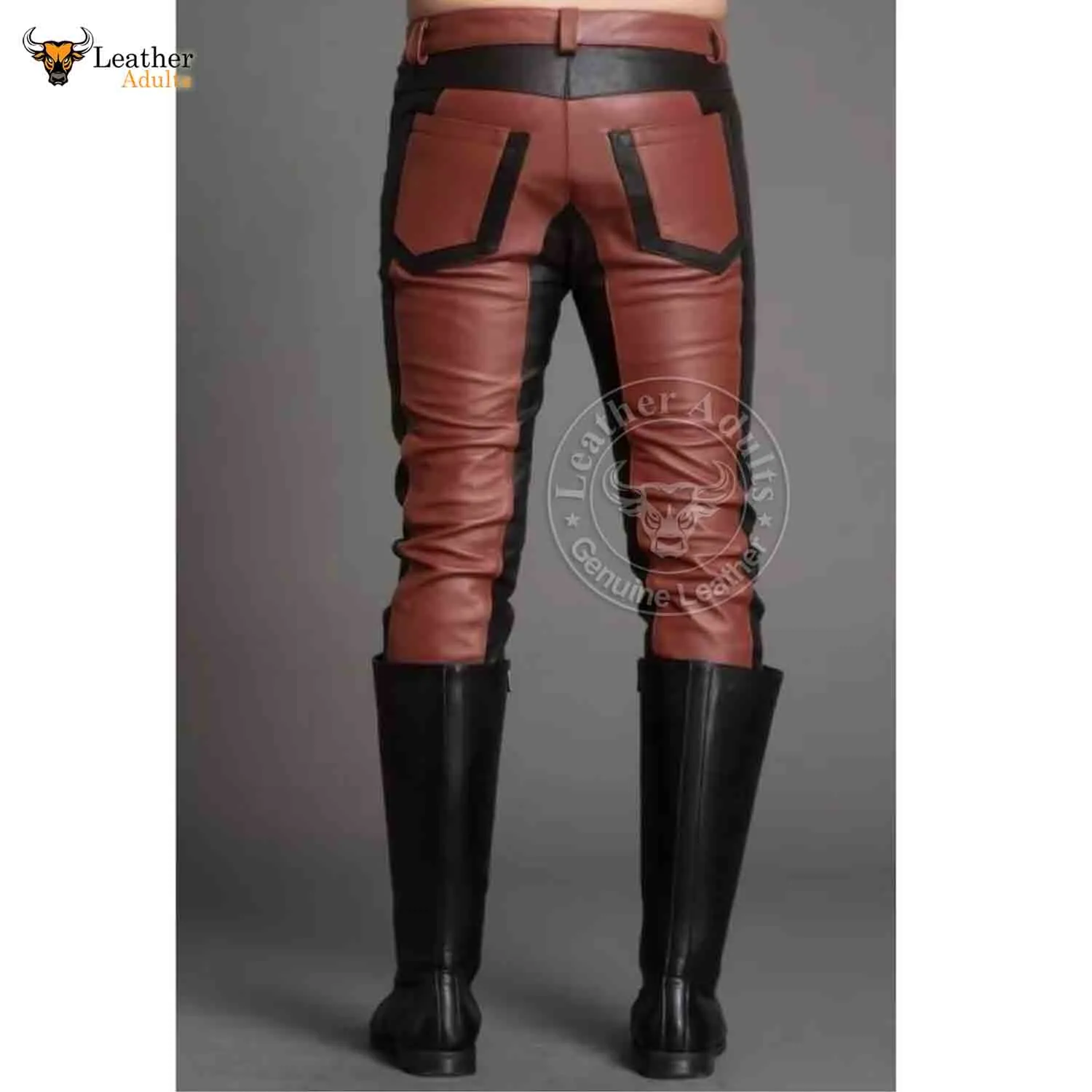 Mens Real Cowhide Leather Black and Brown Contrast Leather Pants Motorcycle Pants Trousers Jeans