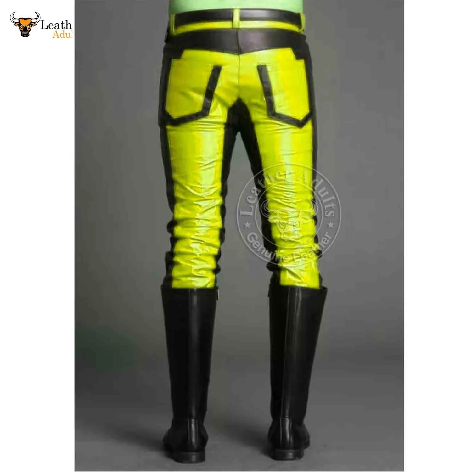 Mens Real Cowhide Leather Black and Yellow Contrast Leather Pants Motorcycle Pants Trousers Jeans